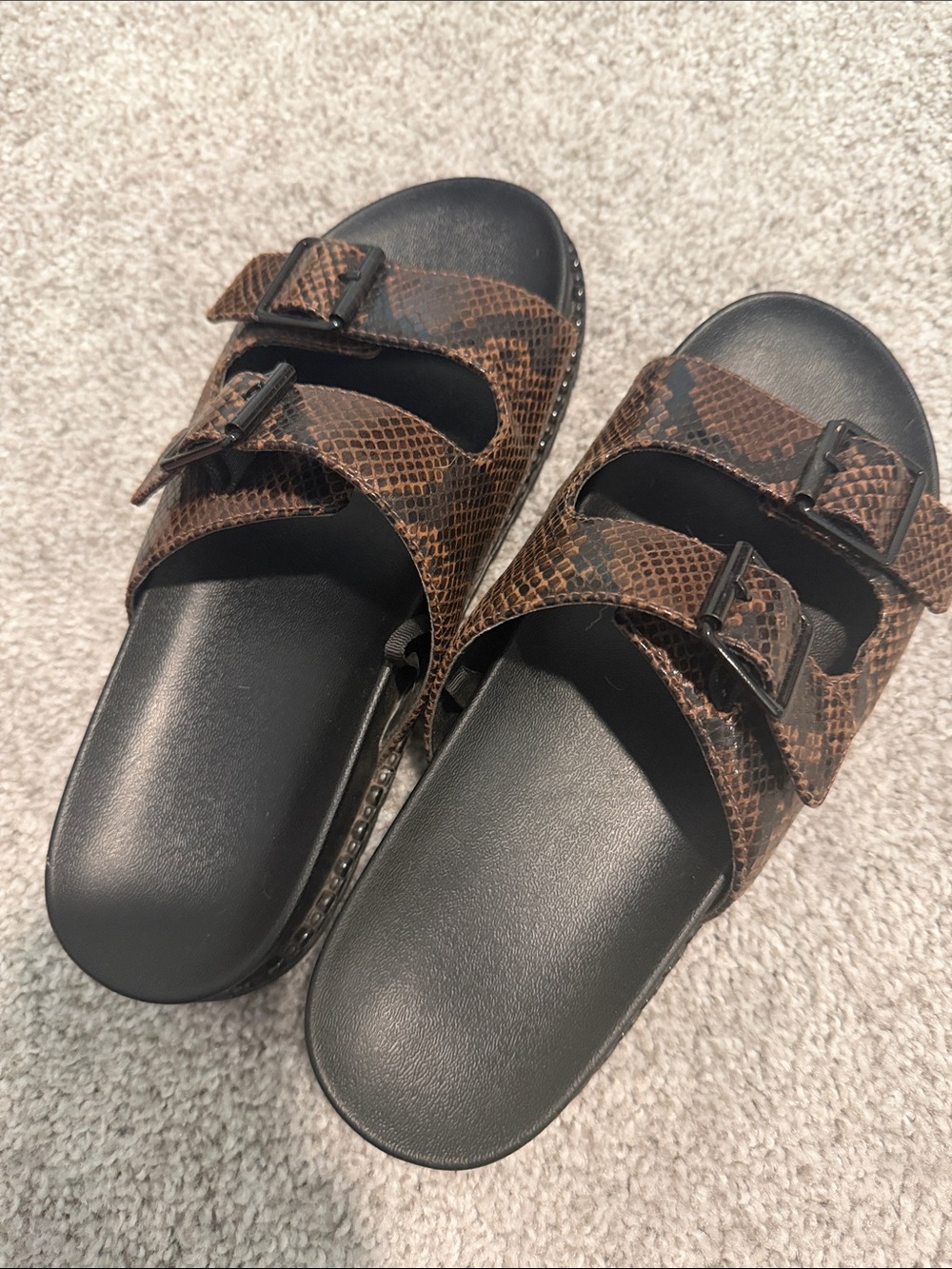 Brown Snake Print Double Strap Slide Sandals